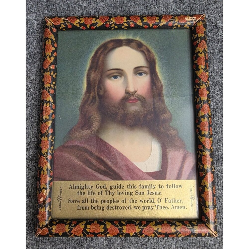 Vtg 1943 Jesus Christ Framed Print By William J Zimmerman Floral Border